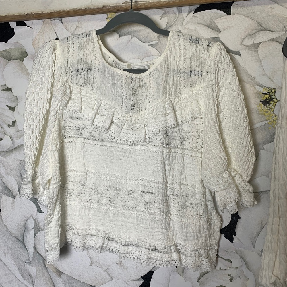 Anthropologie size Large romantic white lace top ruffled boho whimsical cottage - Picture 9 of 9